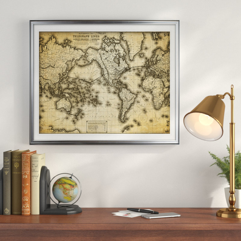 Carte du monde rétro, impression sur l’image vii', H 20 po x l 24 po x P 1,5 po, Argent