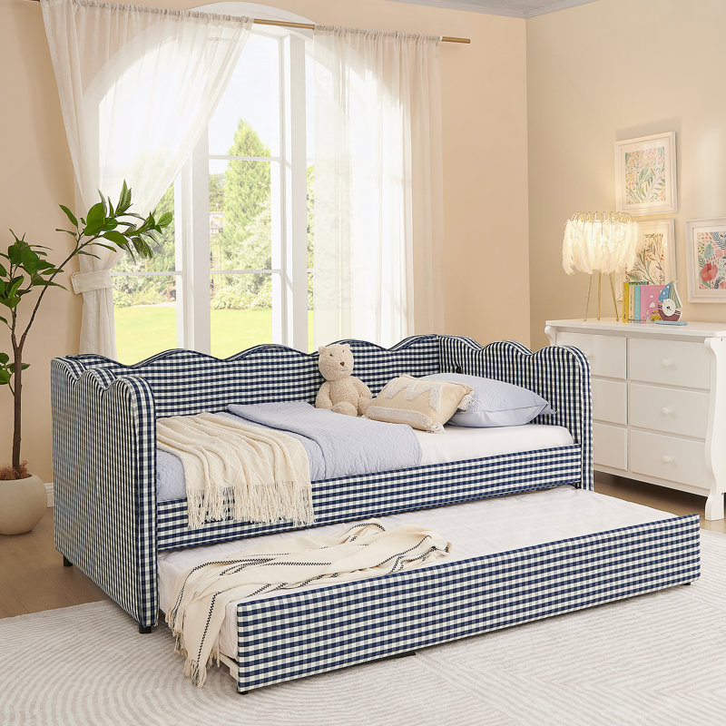 Cozy Gingham Daybed With Trundle Twin Size Sofa Bed No Box Spring Needed, With USB Port And Adorable Wave Shaped, Linen Fabric, Green