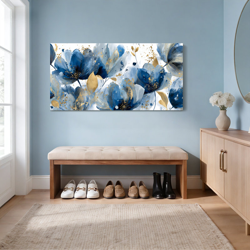 «Blue and Gold Floral», ensemble de 1 reproduction d'art sur toile tendue, H 24 po x l 48 po