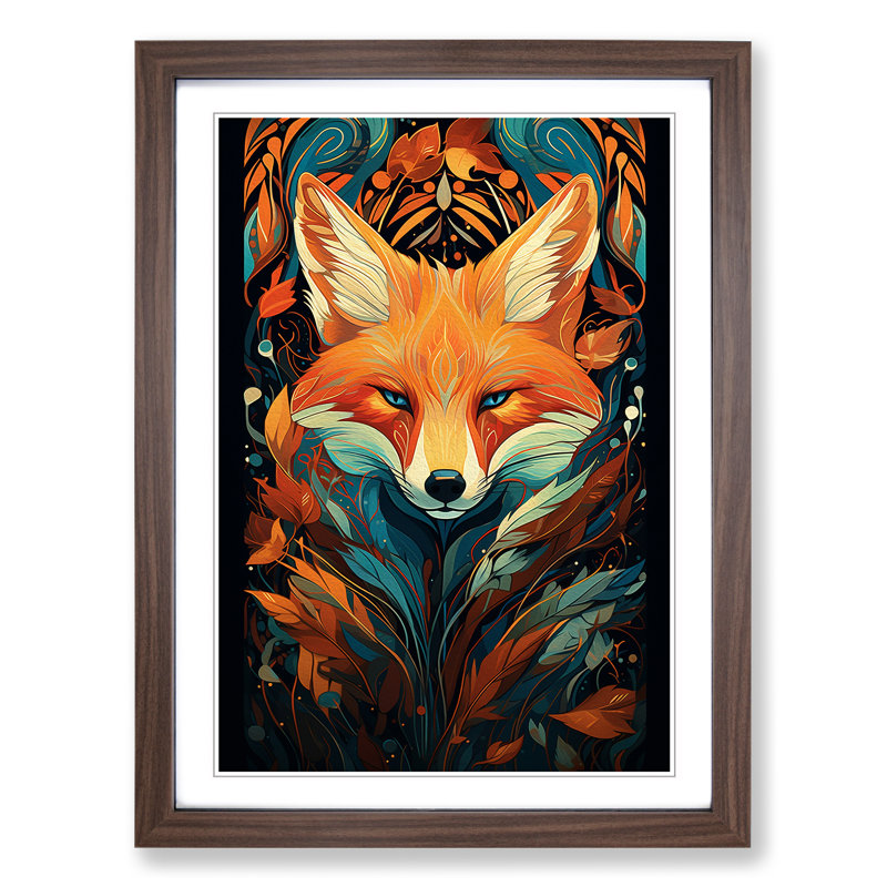 Fox Art Deco - Single Picture Frame Print on Wood, Walnut Framed, 34cm H x 25cm W