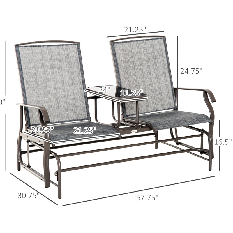Patio Glider Bench With Center Table In Gray. Metal Frame For Backyard Garden Porch. Double Gliding Relaxation. Breathable Fabric . Supports 726 Lbs. Total.  Outdoor Coffee