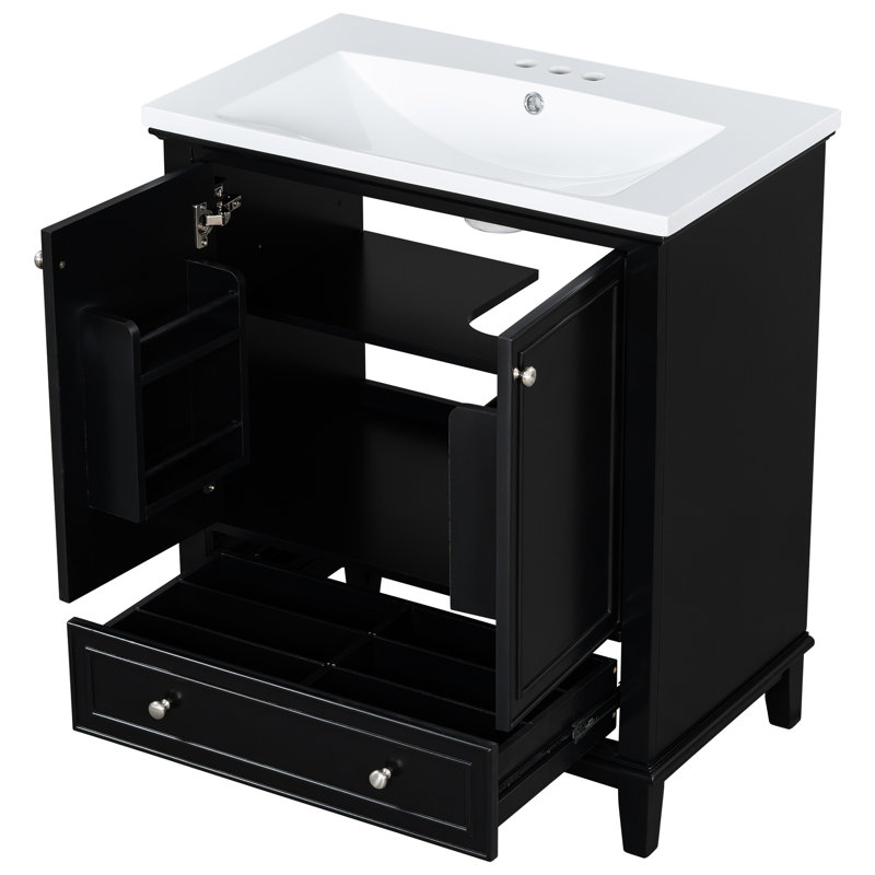 Meuble-lavabo noir de 30 po en bois massif avec porte fonctionnelle noire moderne incluse, Black, Silver