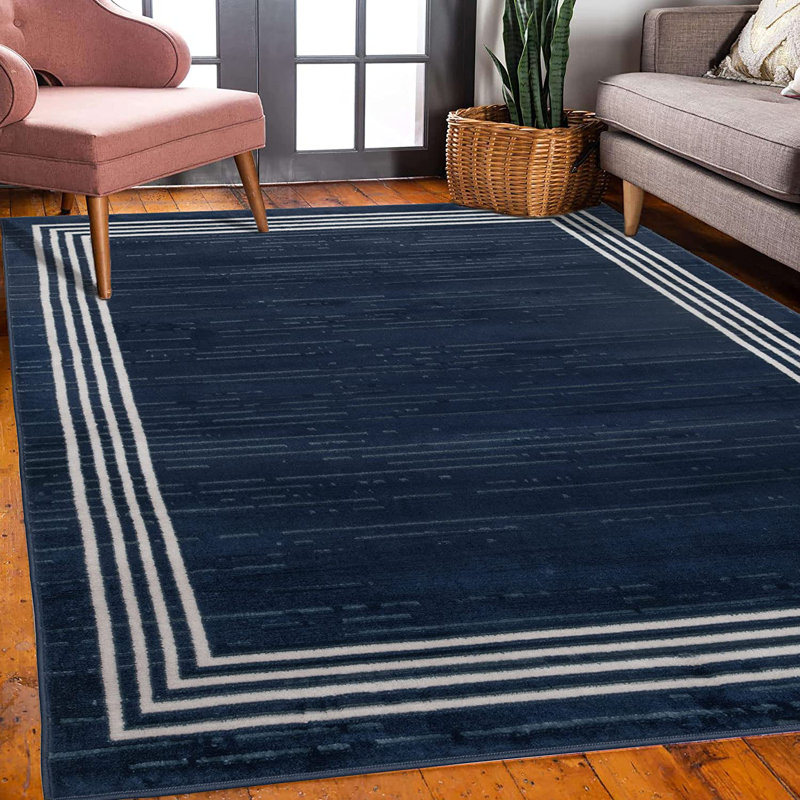 Tapis bleu / blanc en polypropylène tissé à la machine Galatea, Rectangle 6 pi 7 po x 9 pi 2 po
