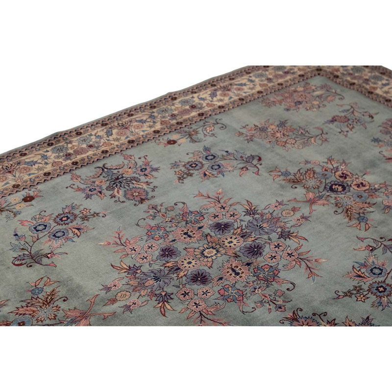 Tapis bleu / gris / rose noué à la main de haute qualité