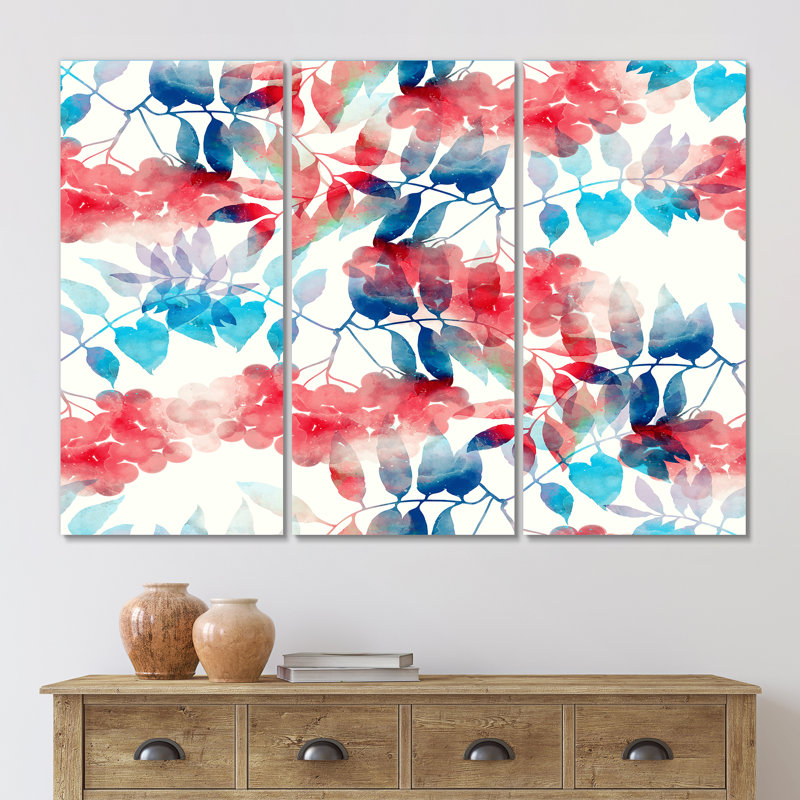 «Red and Blue Leaves On Beige I», reproduction d'art sur toile à motifs, H 28 po x l 36 po x P 1 po