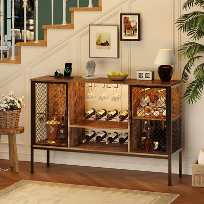 42 in Industrial Coffee Bar Cabinet with Led Lights and Power Outlets, Wood Liquor Cabinet w/Doors, Glass Holders & Storage, Mini Coffee Bar for Home