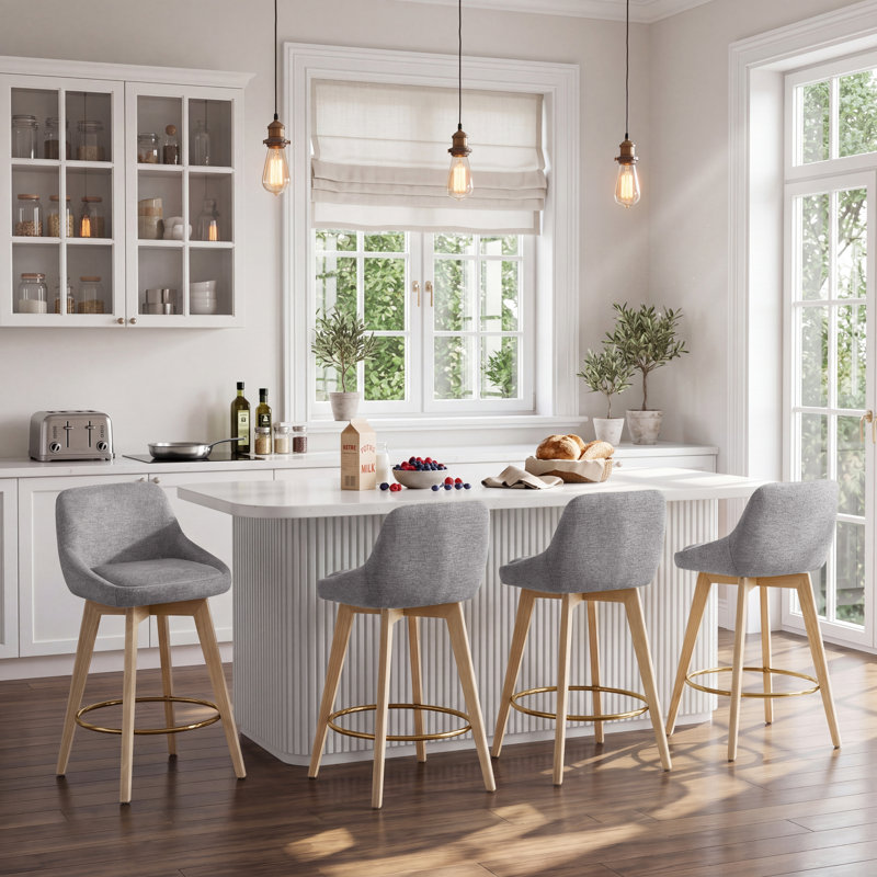 Tabourets de bar pivotants Ashwell de 26,8 po de style moderne du milieu du siècle, recouverts de lin, avec dossier incurvé, pieds en bois massif et repose-pieds en métal (ensemble de 4)