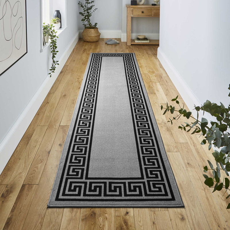 Greek-Key Grey Black Non-Slip Polypropylene Area Rug — Washable Door Mat & Hallway Runner for Living Room, Kitchen & Bedroom
