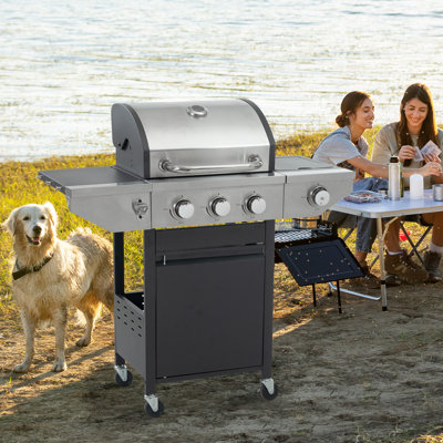 Barbecue au propane à 3 brûleurs au propane en acier inoxydable avec brûleur latéral, 37 000 BTU de cuisine extérieure, patio, barbecue de jardin, noir et argent