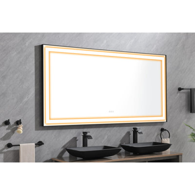 Miroir de salle de bain 72 "x 36" à DEL pour salle de bain, fixation murale, cadre en aluminium, fonction brouillard, 3 températures de couleur, gradation continue, miroir de salle de bain 72 "noir mat 36", brouillard, couleurs