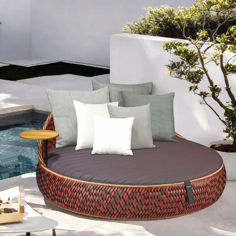 PE Rattan Patio Daybed 77.56'' Wide Circle Wicker Patio Daybed with Cushions, Red, Dark Gray
