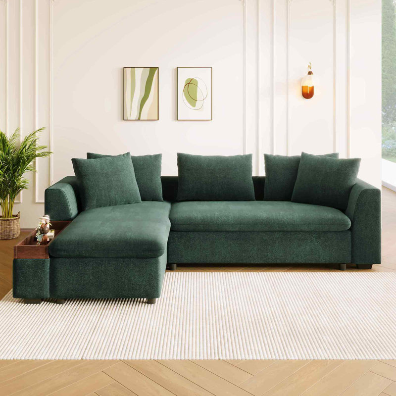Canapé modulaire en L 93,7 po revêtu de chenille avec compartiment de rangement en bois, Chenille verte