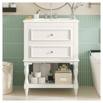 Meuble-lavabo 24 po avec lavabo en céramique, 2 tiroirs et tablette ouverte, armoire de rangement en bois massif blanc et panneau de fibres à densité moyenne avec pieds sculptés