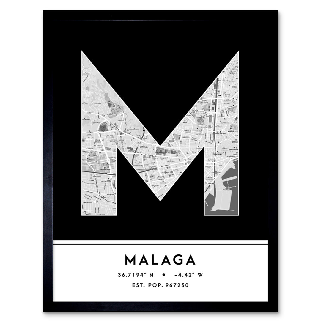 Malaga Spain City Map by Wee Blue Coo - Single Picture Frame Typography