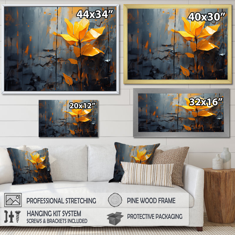 «Tropicale jaune et gris» - art mural abstrait Collages, Cadre d'angle fermé noir, H 24 po x l 32 po x P 1 po