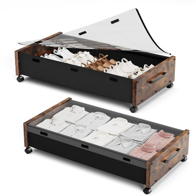 Rangement en bois sous le lit avec roulettes, bacs de rangement roulants sous le lit avec couvercle amovible, tiroirs en métal sous le lit pour les vêtements et les chaussures dans la chambre à coucher ou le salon (brun rétro - paquet de 2)