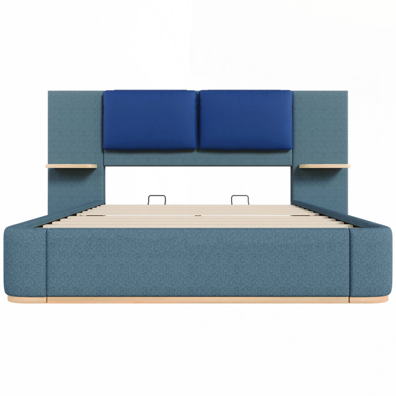 Upholstered Platform Bed With Panel, Blue, Queen