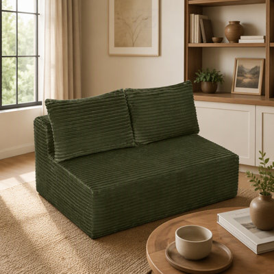 Longue médiane de 58 pouces à 2 places avec velours beige moelleux, porte-gobelet, assorti, vert (tissu moelleux), principalement pour le salon