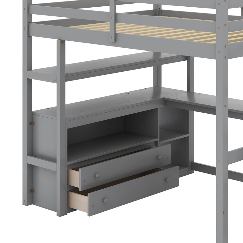 Lit mezzanine double avec bureau et tablettes, Gris, Lit double