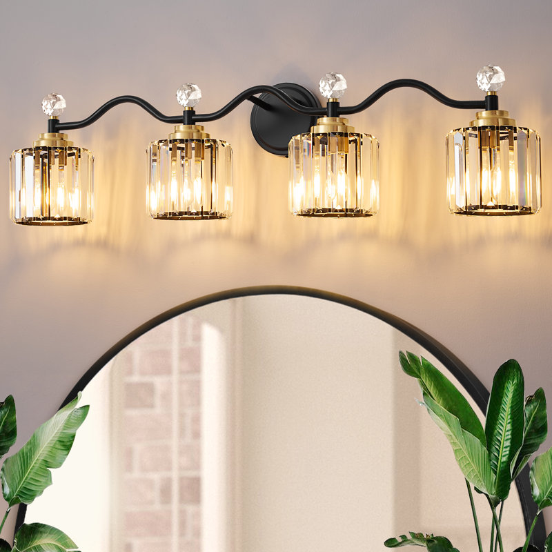 Emilion Dimmable Bathroom Vanity Light With Crystal Shade, 4 Lights, Matte Black/Gold