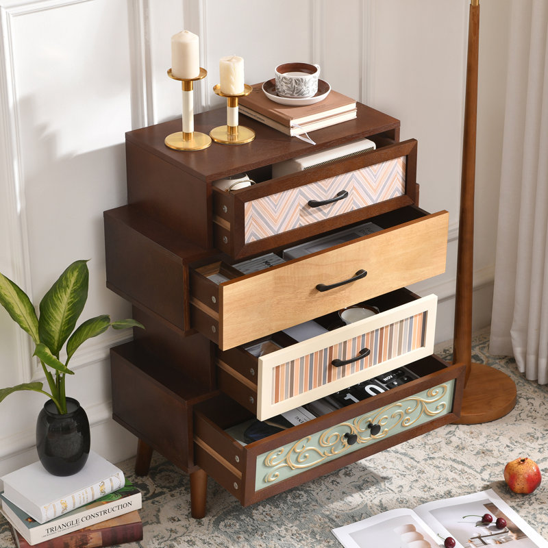 Fienley 26"W 4-Drawer Accent Chest with Mixed-Pattern Drawers, Vintage Wood Storage Cabinet