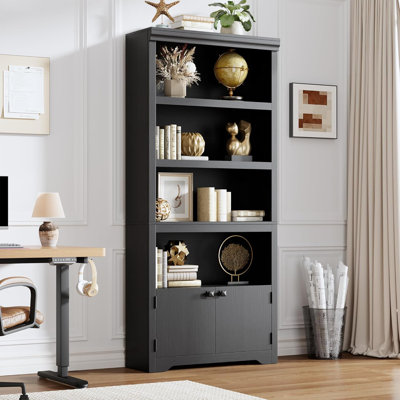 5 Tier Bookshelf with 2 Doors, 69"Tall Farmhouse Bookcase with Adjustable Shelves, 31.5''W Open Display Storage Rack for Home Office, Living Room, Library, Black W800