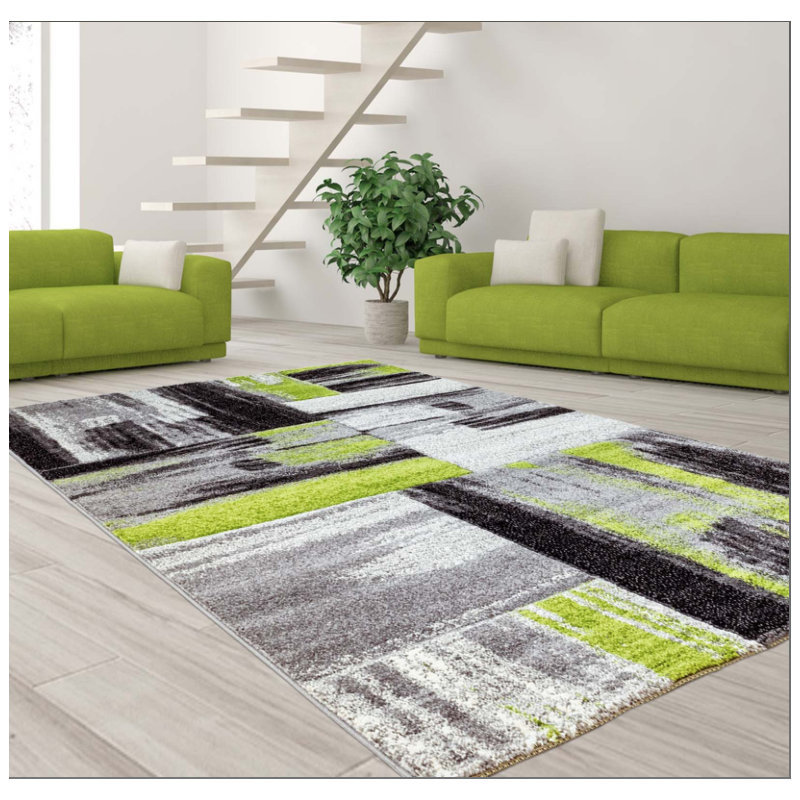 Tapis vert / gris à motif abstrait Croskey, Rectangulaire 3 pi 11 po x 5 pi 3 po