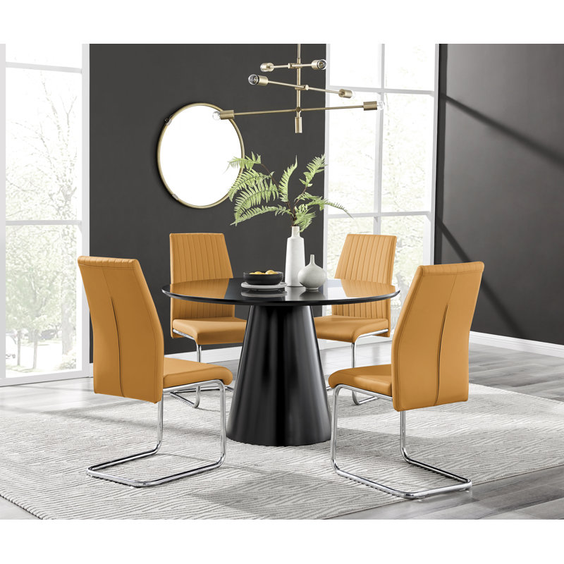 Edzard Statement Pedestal Round Dining Table Set & 4 Luxury Faux Leather Dining Chairs, Mustard, Black