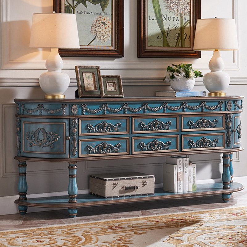 Console en bois massif 78,7 po Castleman, Bleu, Bleu, H 33,9 po x l 70,9 po x P 15,7 po