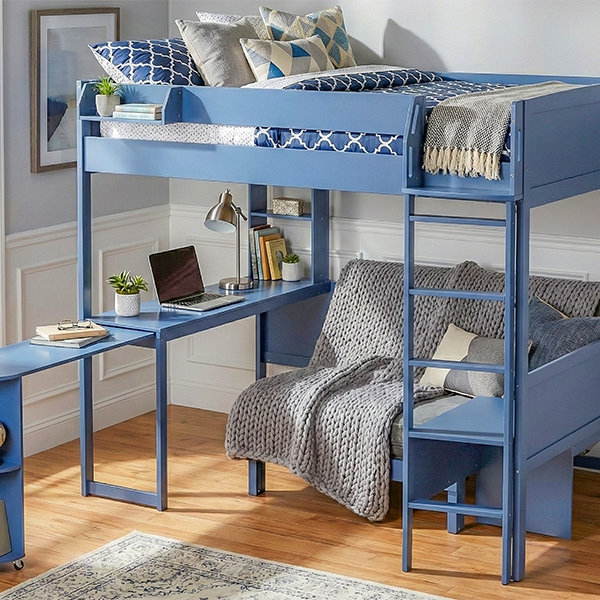 Lit mezzanine double en bois avec bureau, tablette de rangement de chevet, canapé et lumière, Navy Blue