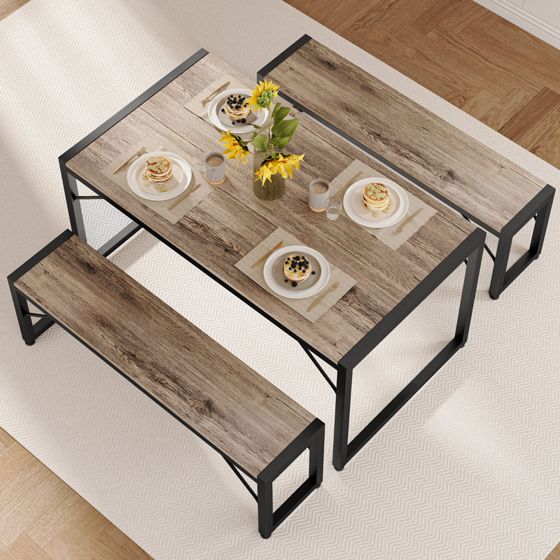 Ensemble de table de salle à manger 45,5 po pour 4 personnes, ensemble de table de cuisine avec 2 bancs, ensemble de table de salle à manger avec structure en métal et panneau de fibres à densité moyenne, coin-repas peu encombrant