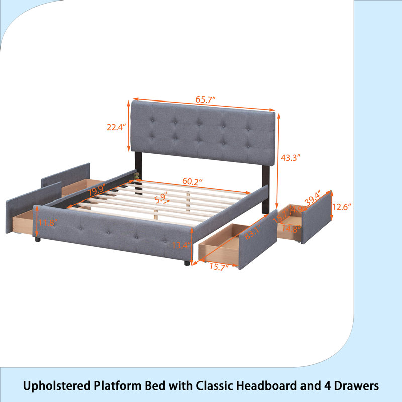 Upholstered Platform Bed With Classic Headboard And 4 Drawers, No Box Spring Needed, Linen Fabric, Queen Size, Gris foncé