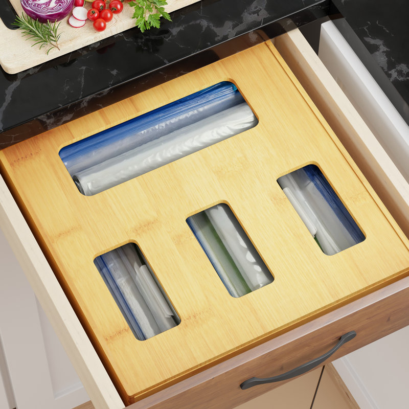 Organisateur de rangement en bambou pour tiroir de cuisine - 1 boîte, 4 compartiments compatible avec les sacs gallon, pinte, sandwich et collation