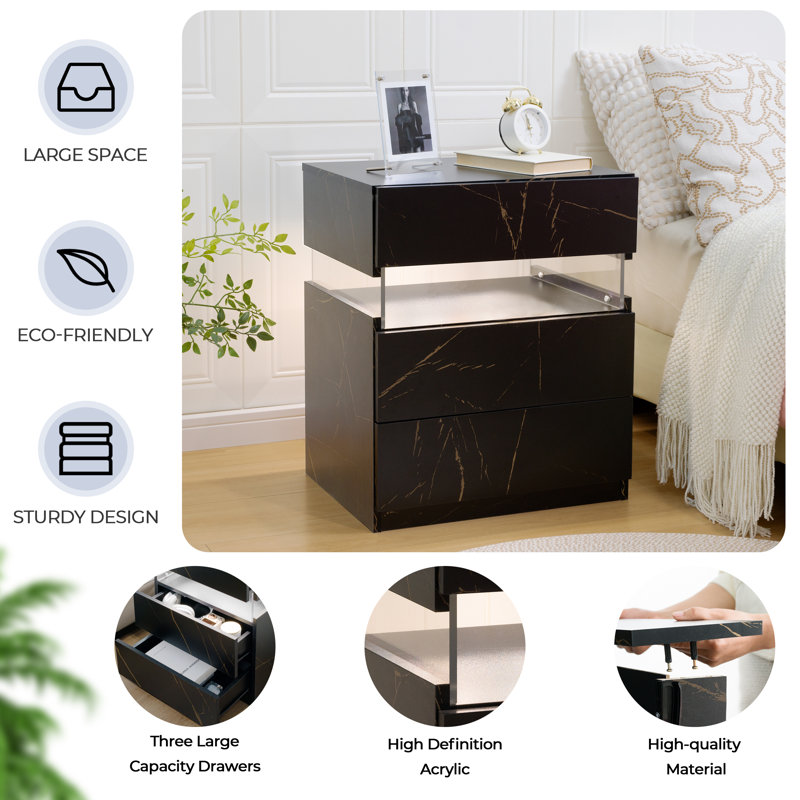 Gold and Black Modern Engineered Wood Nightstands with LED Lighting