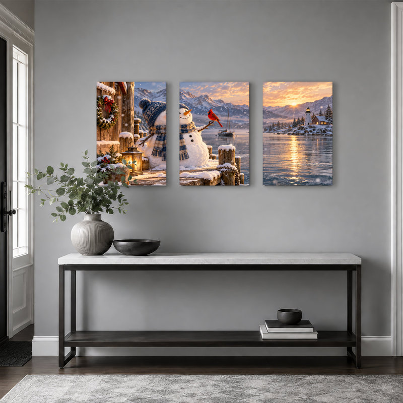 «Snowman on Winter Dock» avec cardinal rouge, ensemble de 3 toiles, 72"W x 36"H Overall - 3 Panels
