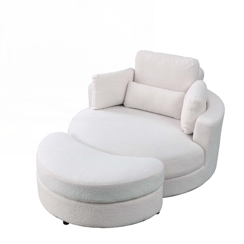 Quamere Swivel Chair with Storage Ottoman,oversized chair,barrel chair,Lounge Club Big Round Chair, White Linen