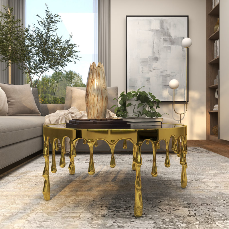 Aluminum Metal Drip Living Room Coffee Table with Melting Designed Legs and Shaded Glass Top, Gold