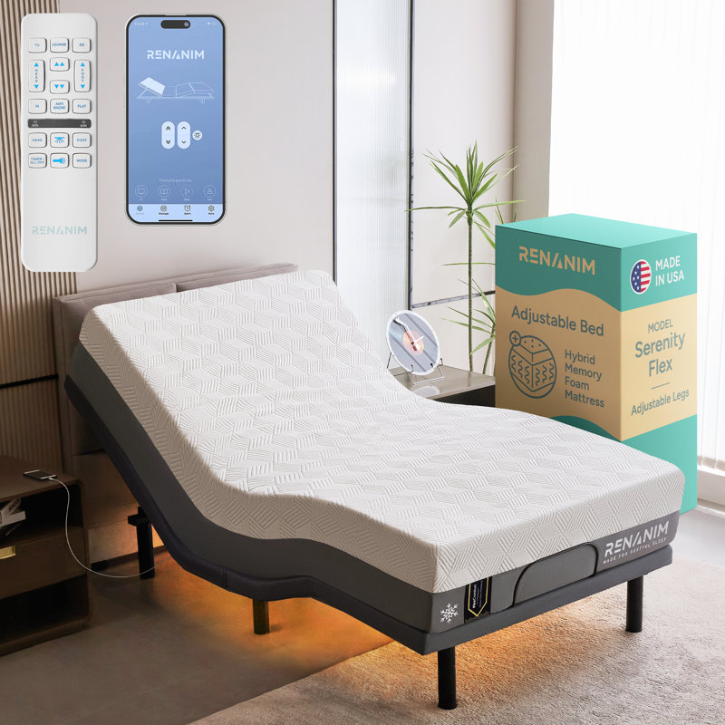 Lit réglable Sf avec matelas hybride de 14 po inclus, massage, USB, éclairage sous le lit, télécommande sans fil et contrôle des applications