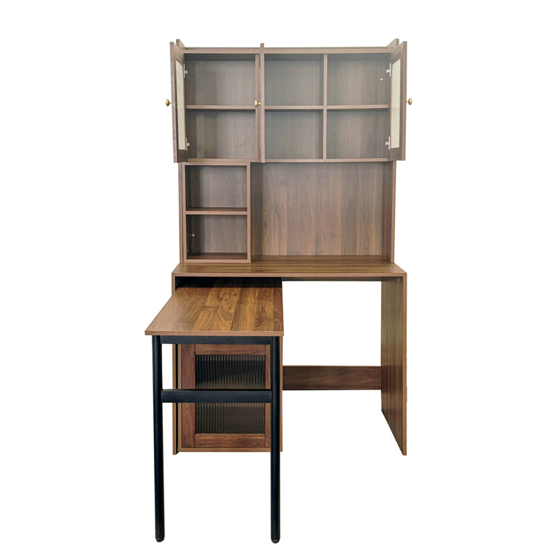 Bureau d'ordinateur avec porte en verre pour bureau à domicile ou bureau d'étude, bibliothèque et huche, bureau d'ordinateur avec bureau rotatif à 90 degrés, grand espace de travail