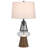 Leya Table Lamp, Lantern Style Glass Base, White Fabric Shade
