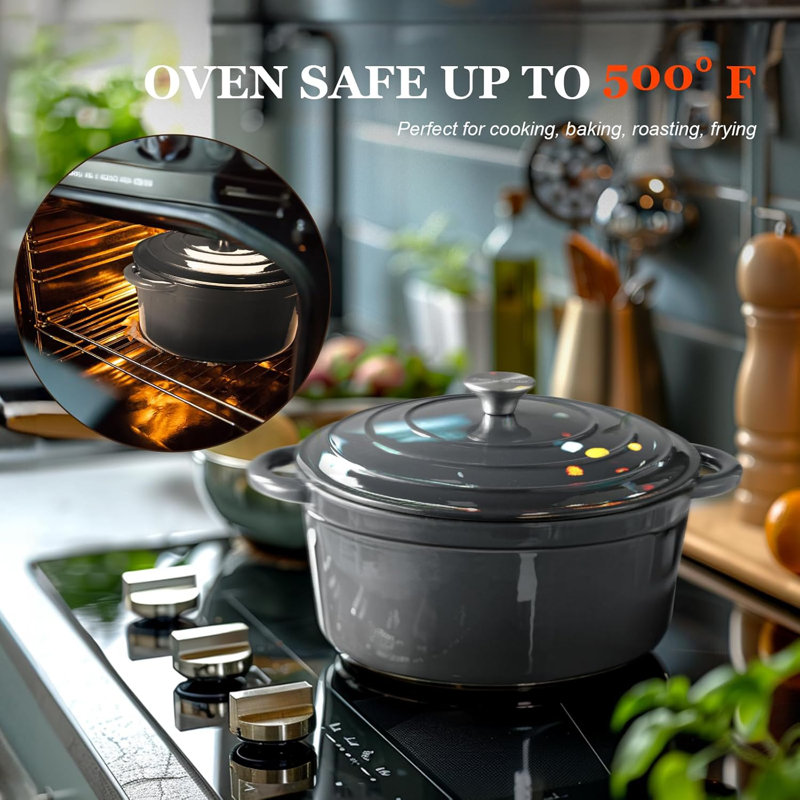 Overmont 5.5QT Gray Enameled Cast Iron Dutch Oven with Lid