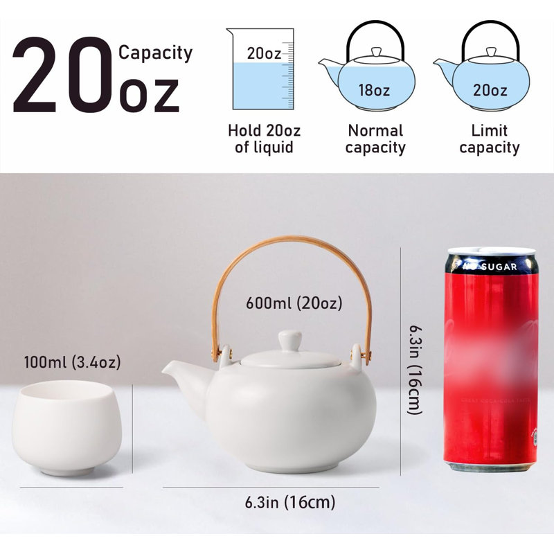 Théière en céramique 20 oz avec 4 tasses à thé, théière en porcelaine de style japonais, théière à feuilles mobiles et tasses à thé en fleurs avec poignée en bois courbé pour les femmes (blanc brillant)