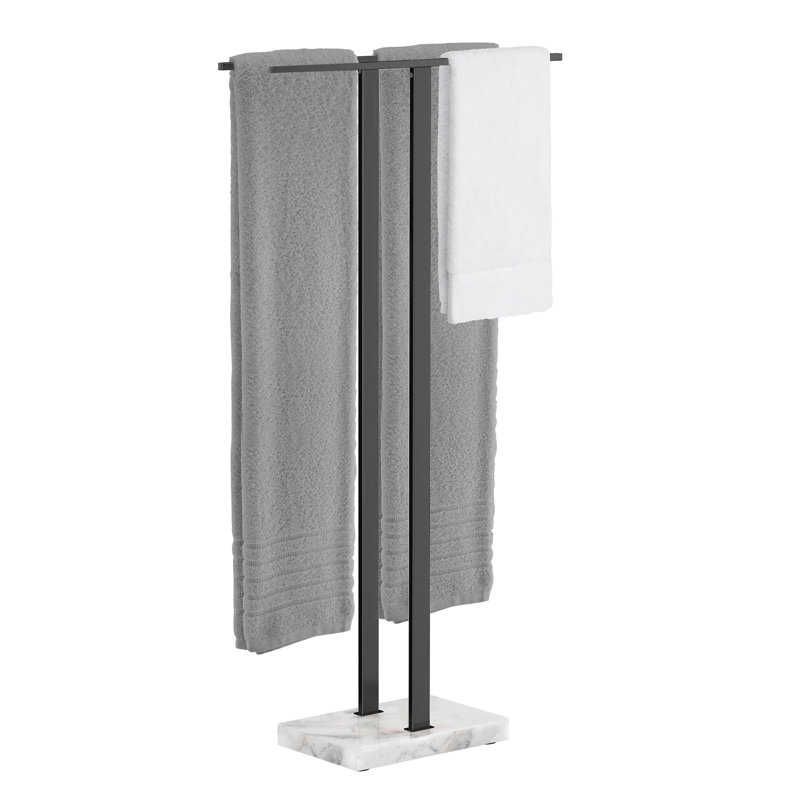 37in Stainless Steel Double Tier Freestanding Towel Rack with Marble Base, White Marble & Black Bar