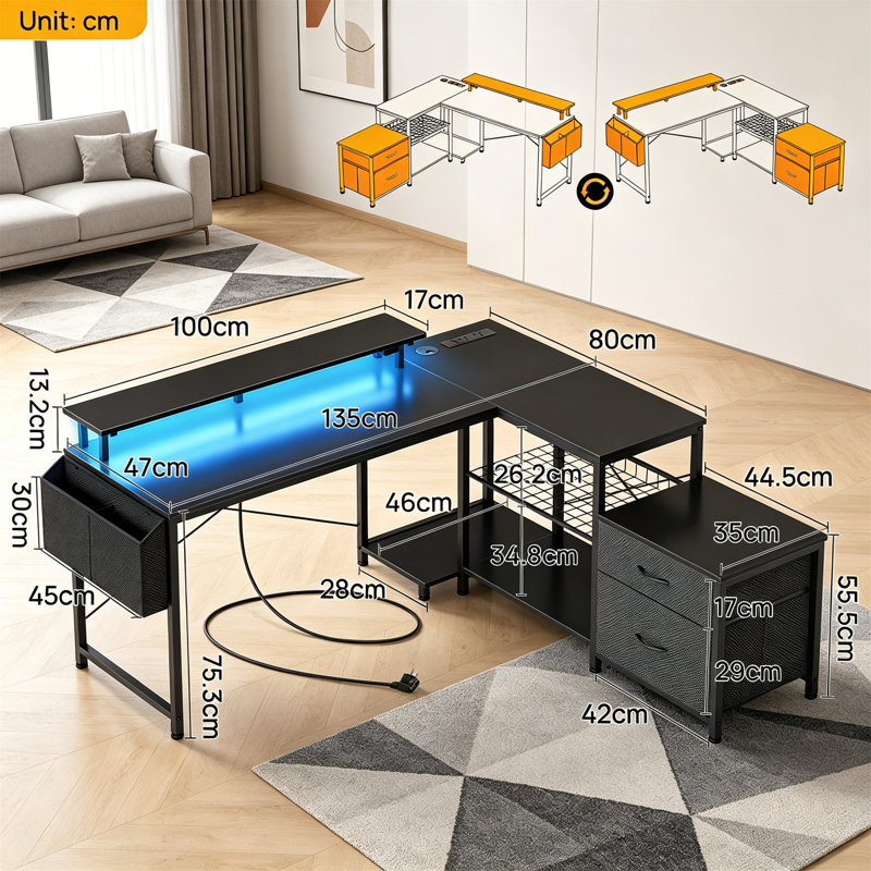 L-Shaped Metal Base Computer Desk, Black