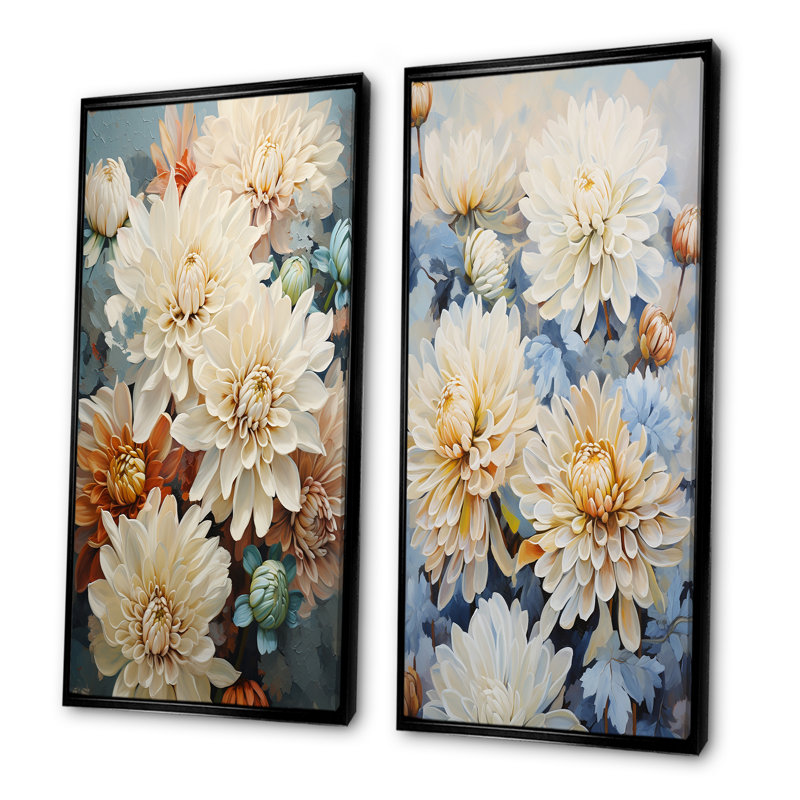 Minimalisme Blooming Mums, peinture en bleu et or - ensemble de 2 impressions sur toile de mamans, H 32 po x l 33 po