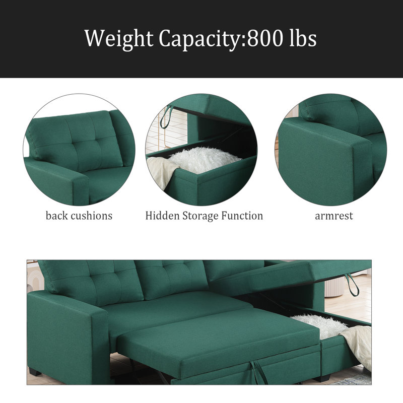 Canapé modulaire convertible rembourré avec méridienne coulissante, Orienté à droite, Vert