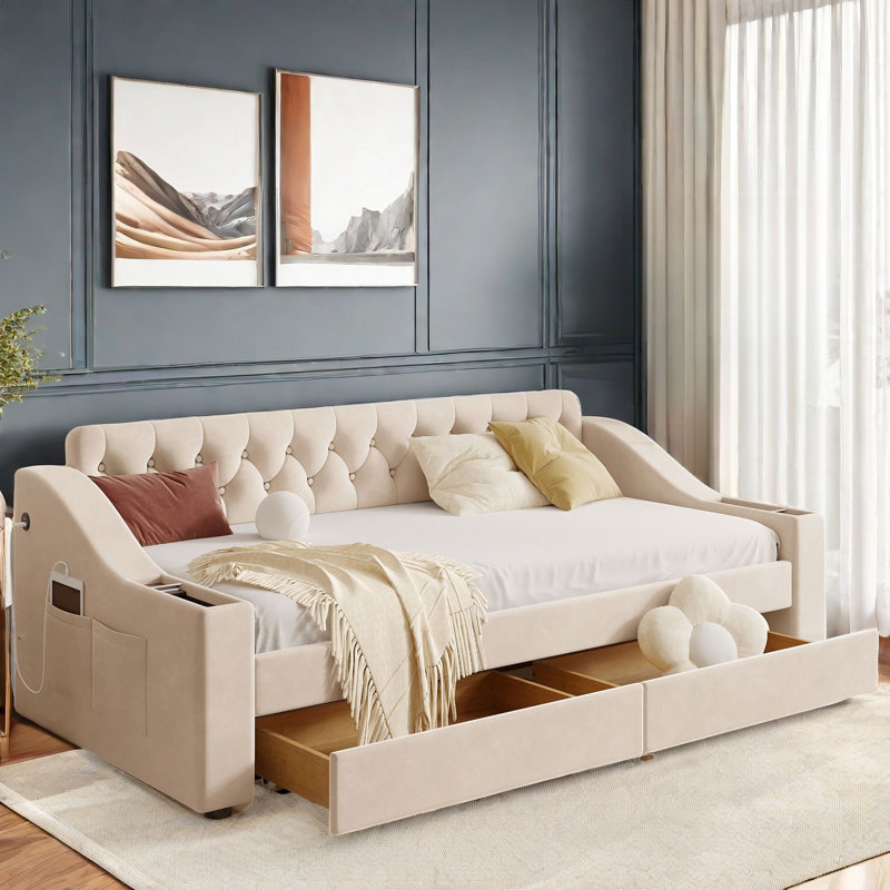 Leyun  Daybed With Storage Armrests, Usb Ports, Side Pockets, 2 Drawers And Button Tufted Design, Beige