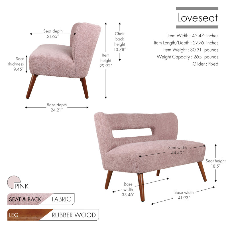Ashyia 45.47'' Loveseat with Rubberwood Legs, Pink