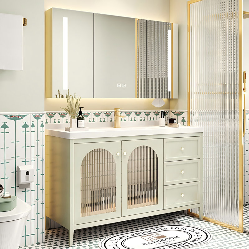 Meuble-lavabo autoportant en bois d'hévéa vert pâle, style crème, avec armoire à pharmacie intégrée