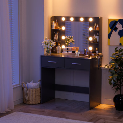 Makeup Vanity Desk With Adjustable Lights And Mirror, Dressing Table With Built-in Power Supply by Ebern Designs